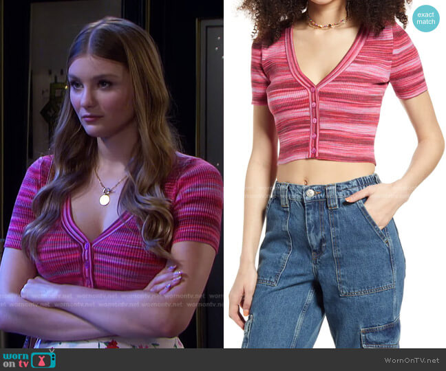 BP Space Dye Short Sleeve Crop Cardigan worn by Alice Caroline Horton (Lindsay Arnold) on Days of our Lives