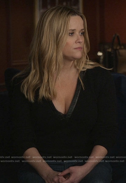 Bradley’s black leather trim v-neck sweater on The Morning Show