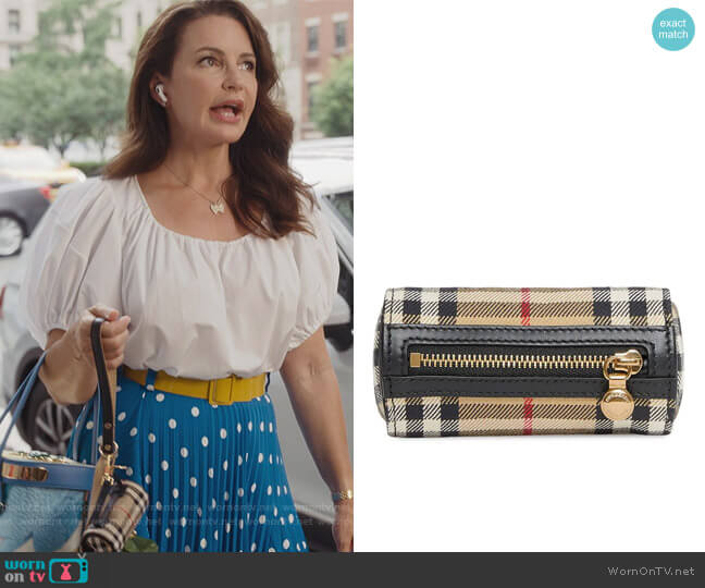 Burberry Vintage Check cotton barrel bag charm worn by Charlotte York (Kristin Davis) on And Just Like That