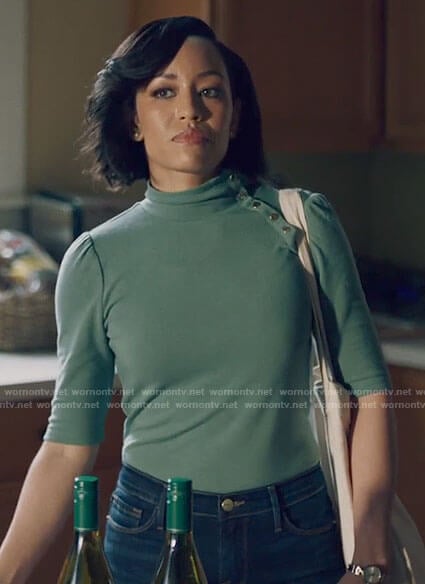 Charley’s green buttoned shoulder top on Queen Sugar