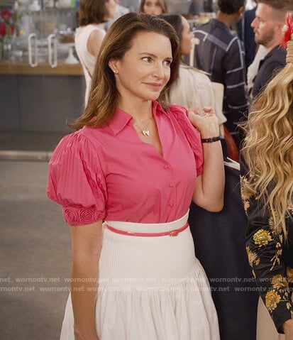 Charlotte’s pink puff sleeve top and white skirt on And Just Like That