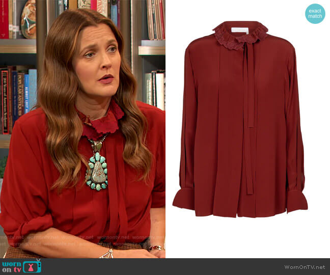 Chloe Embroidered tie-neck silk blouse worn by Drew Barrymore on The Drew Barrymore Show