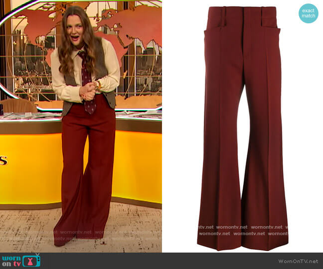 Chloe High Rise Flared Trousers worn by Drew Barrymore on The Drew Barrymore Show