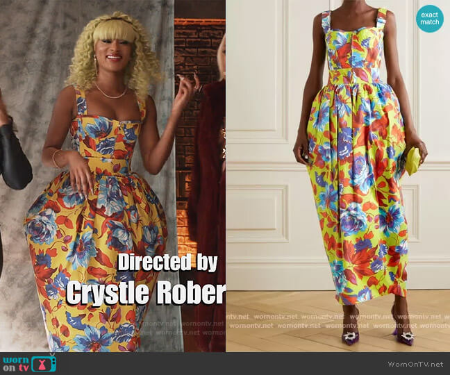 Christopher John Rogers Topstitched floral-print cotton-twill bustier top worn by Lauren Rice (Pepi Sonuga) on Queens