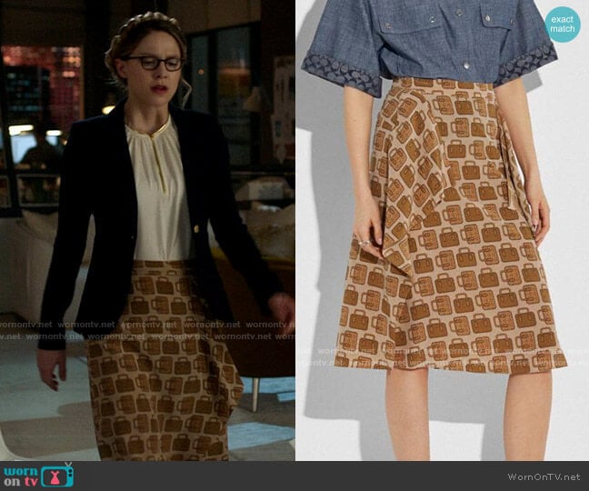 Coach Bag Print Draped Midi Skirt worn by Kara Danvers (Melissa Benoist) on Supergirl