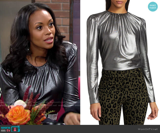 Derek Lam Kary Metallic Blouse worn by Amanda Sinclair (Mishael Morgan) on The Young and the Restless