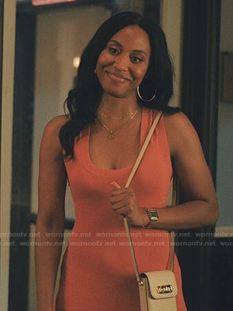 Destiny’s orange scoop neck dress on Love Life