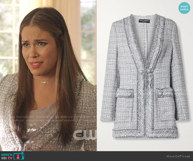 Dolce & Gabbana Embellished Frayed Metallic Tweed Jacket worn by Cristal Jennings (Daniella Alonso) on Dynasty
