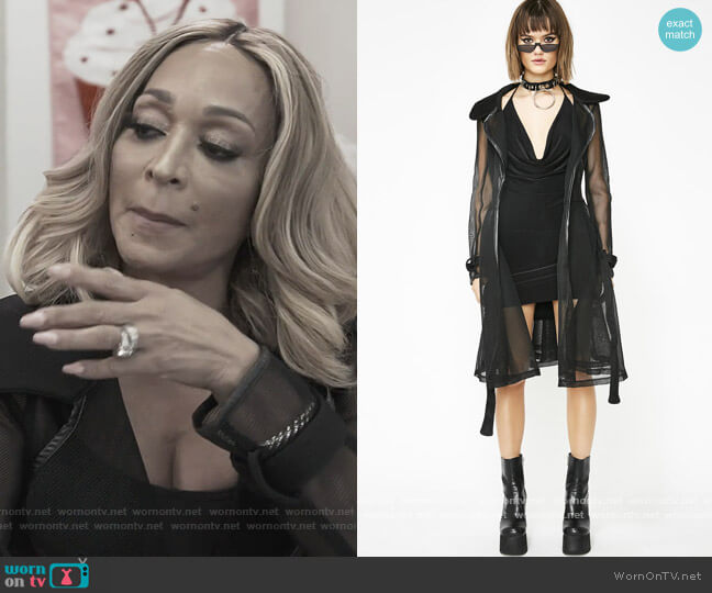 Dolls Kill Dark Winning Streak Mesh Trench Coat worn by Karen Huger on The Real Housewives of Potomac