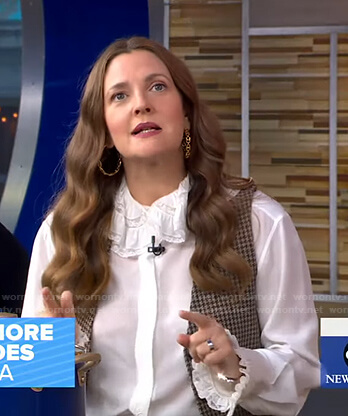 Drew Barrymore’s white ruffle blouse and houndstooth vest on Good Morning America