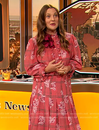 Drew’s pink floral blouse and skirt on The Drew Barrymore Show