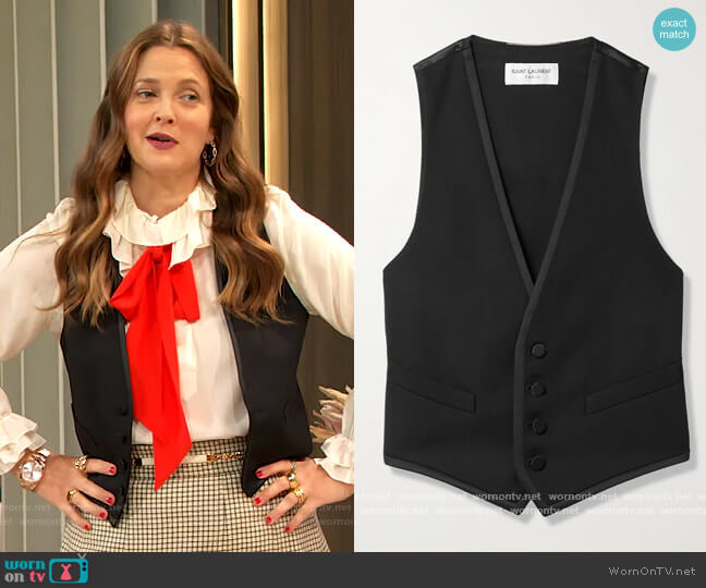 Saint Laurent Cropped grain de poudre wool and silk-satin vest worn by Drew Barrymore on The Drew Barrymore Show