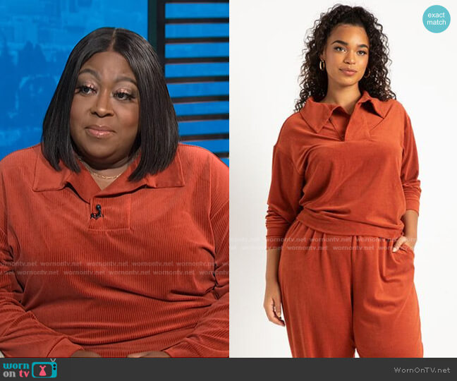 Eloquii Stretch Corduroy Collared Pullover worn by Loni Love on E! News