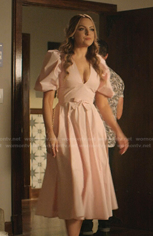Fallon’s pink puff sleeve v-neck dress on Dynasty