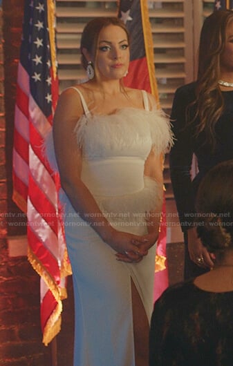 Fallon’s white feather trim dress on Dynasty