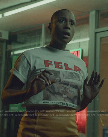 Issa’s white Fela graphic tee on Insecure