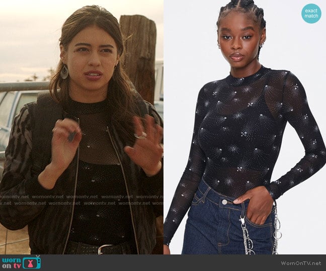 Forever 21 Star Print Mesh Bodysuit worn by Rosa Ortecho (Amber Midthunder) on Roswell New Mexico