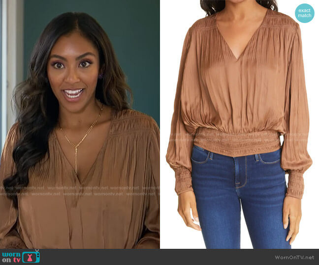 Frame Pleat Satin Blouse worn by Tayshia Adams on The Bachelorette
