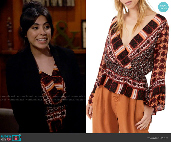 Free People Rosalie Blouse in Coral Combo worn by Adriana (Michelle Ortiz) on B Positive