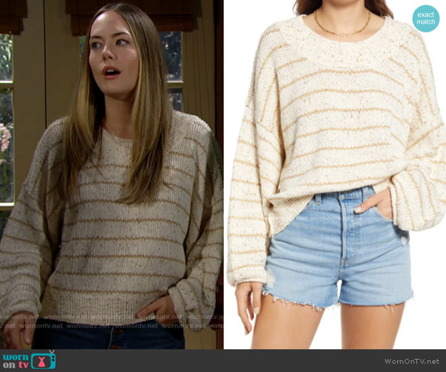Free People Starlight Stripe Pullover worn by Hope Logan (Annika Noelle) on The Bold and the Beautiful