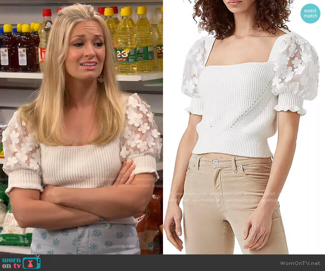 French Connection Juliet Mozart Caballo Puff Sleeve Sweater worn by Gemma (Beth Behrs) on The Neighborhood