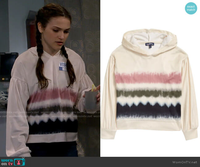 Freshman Stretch Velvet Tie Dye Hoodie in Ivory Stripe worn by Maddie (Izzy G) on B Positive