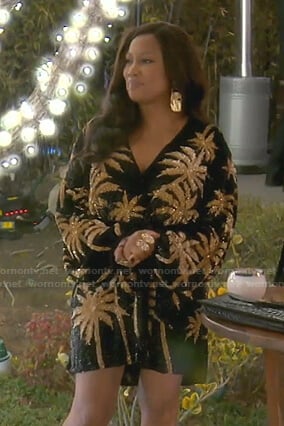 Garcelle’s sequin palm tree mini dress on The Real Housewives of Beverly Hills