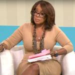 Gayle King’s beige ribbed v-neck dress on CBS Mornings