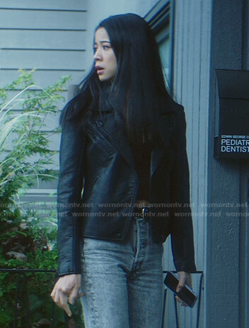 George’s black leather moto jacket on Nancy Drew
