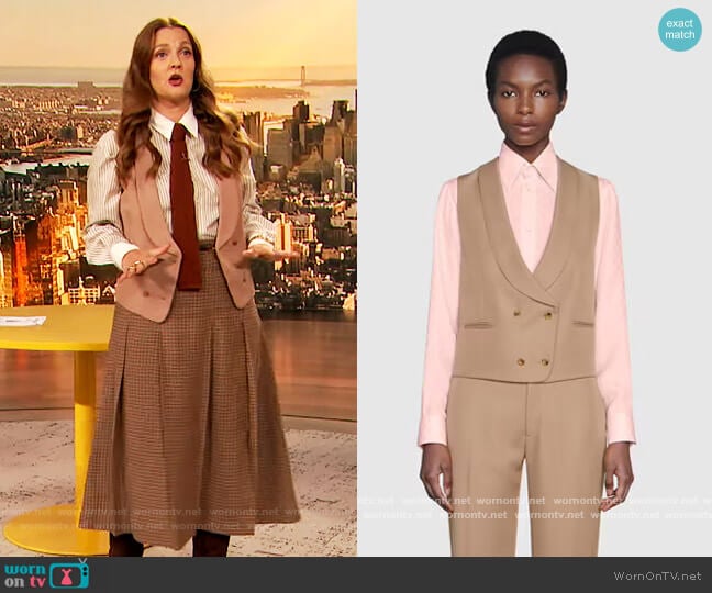 Gucci Double Breasted Gabardine Vest worn by Drew Barrymore on The Drew Barrymore Show