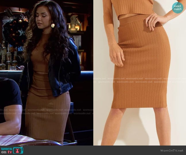 Guess Agnes Sweater Skirt in Tobacco brown worn by Ciara Brady (Victoria Konefal) on Days of our Lives