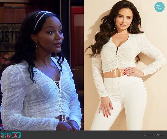 Guess Caught On Lace Top worn by Chanel Dupree (Raven Bowens) on Days of our Lives