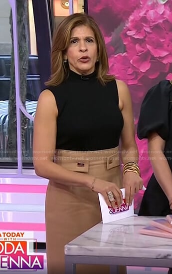 Hoda’s black top and beige skirt on Today