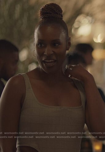 Issa’s gray check corset top on Insecure