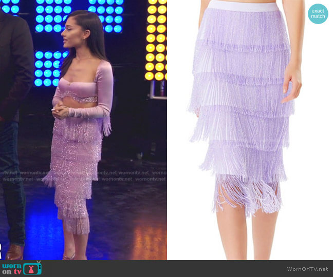 Ivan Young Tiered Crystal Fringe High Waisted Skirt in Lilac worn by Ariana Grande on The Voice