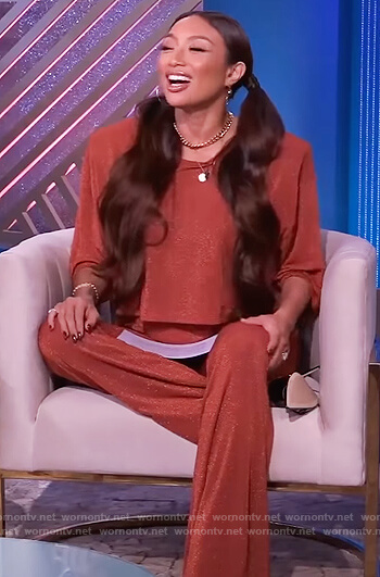 Jeannie’s red metallic crop top and pants on The Real