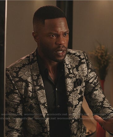 Jeff’s black and silver printed blazer on Dynasty