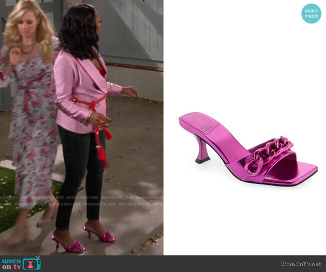 Jeffrey Campbell Mr Big Chain Slide Sandal in Pink Combo worn by Tina Butler (Tichina Arnold) on The Neighborhood
