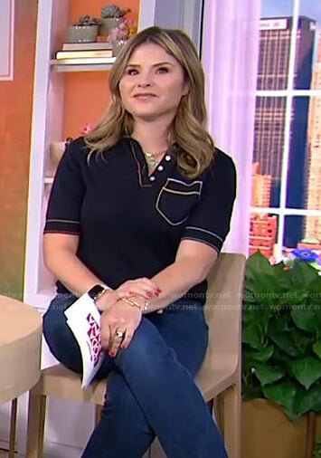 Jenna’s navy polo shirt with multiclor stitching on Today