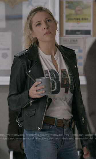 Jenny’s black leather moto jacket on Big Sky