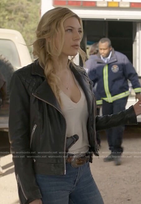 Jenny’s black quilted leather jacket on Big Sky