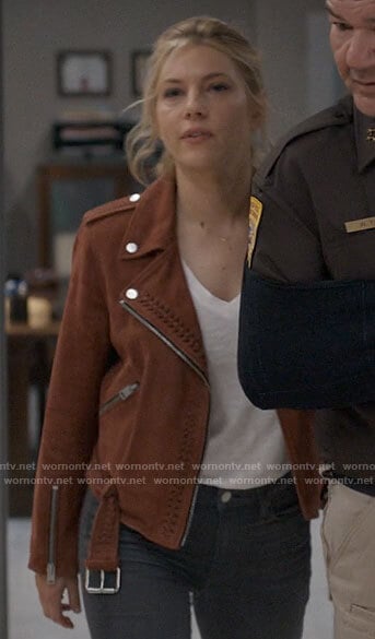Jenny’s red suede moto jacket on Big Sky