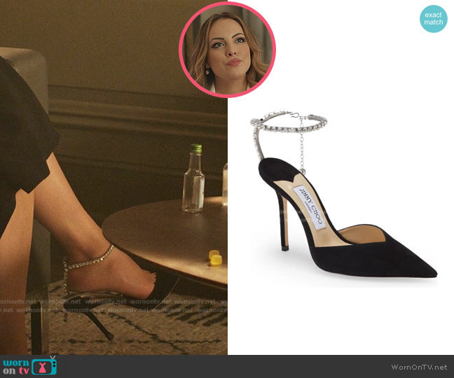 Jimmy Choo Saeda Crystal Ankle Strap Pointed Toe Pump worn by Fallon Carrington (Elizabeth Gillies) on Dynasty