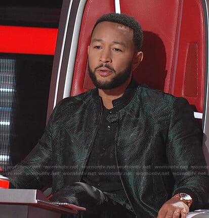 John’s black palm tree print shirt and bomber jacket on The Voice