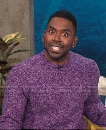Justin’s purple marled sweater on E! News Daily Pop