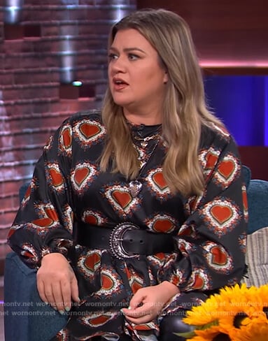 Kelly’s black heart print mini dress on The Kelly Clarkson Show
