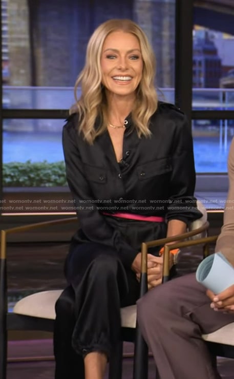 Kelly’s black satin jumpsuit on Live with Kelly and Ryan