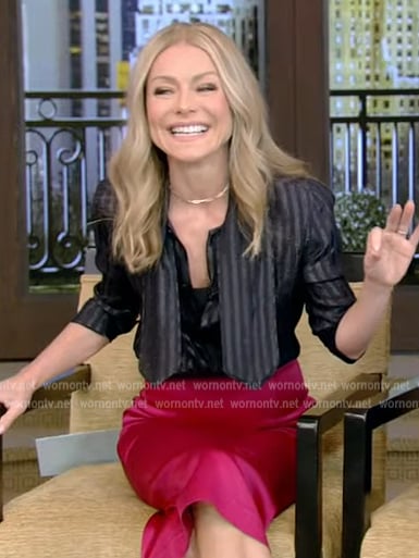 Kelly’s metallic striped blouse and pink pencil skirt on Live with Kelly and Ryan
