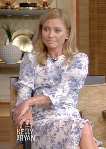 Kelly’s white and blue floral midi dress on Live with Kelly and Ryan
