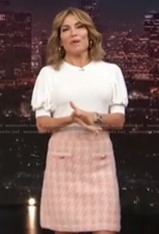 Kit’s white top and pink houndstooth skirt on Access Hollywood